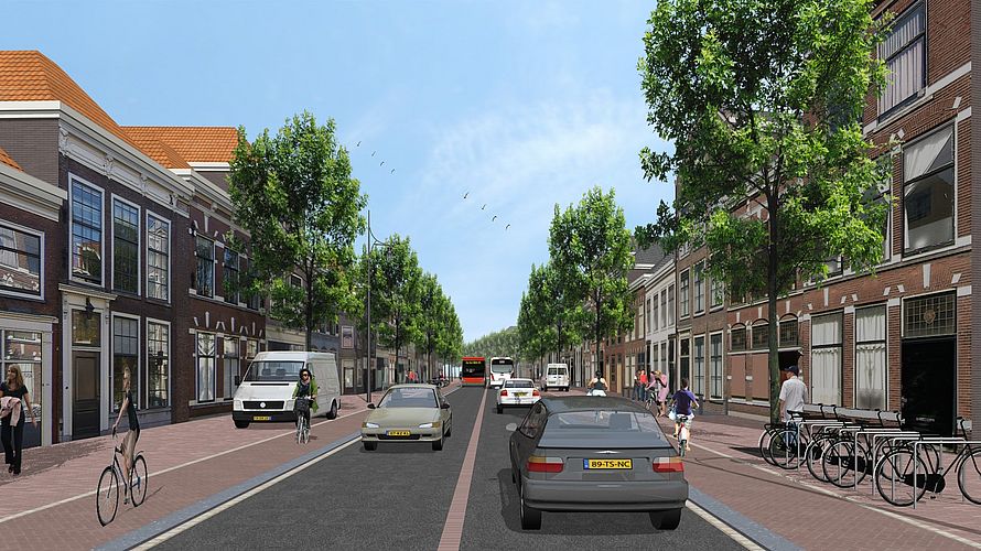 Impressie ter hoogte van tracé Hooigracht van centrumroute Leiden