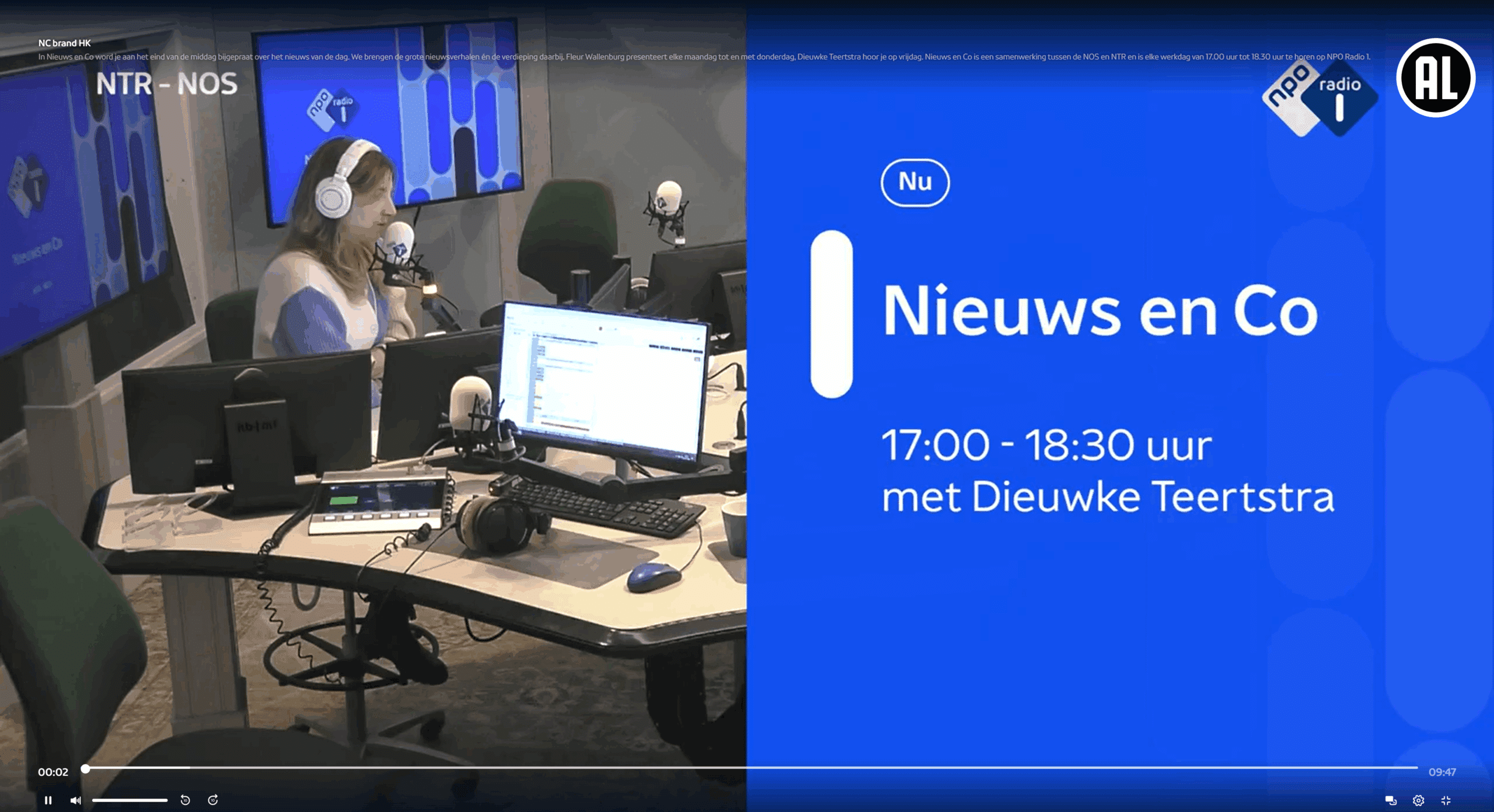 Screenshot van de uitzending van Radio 1 over de flatbrand in Hong Kong