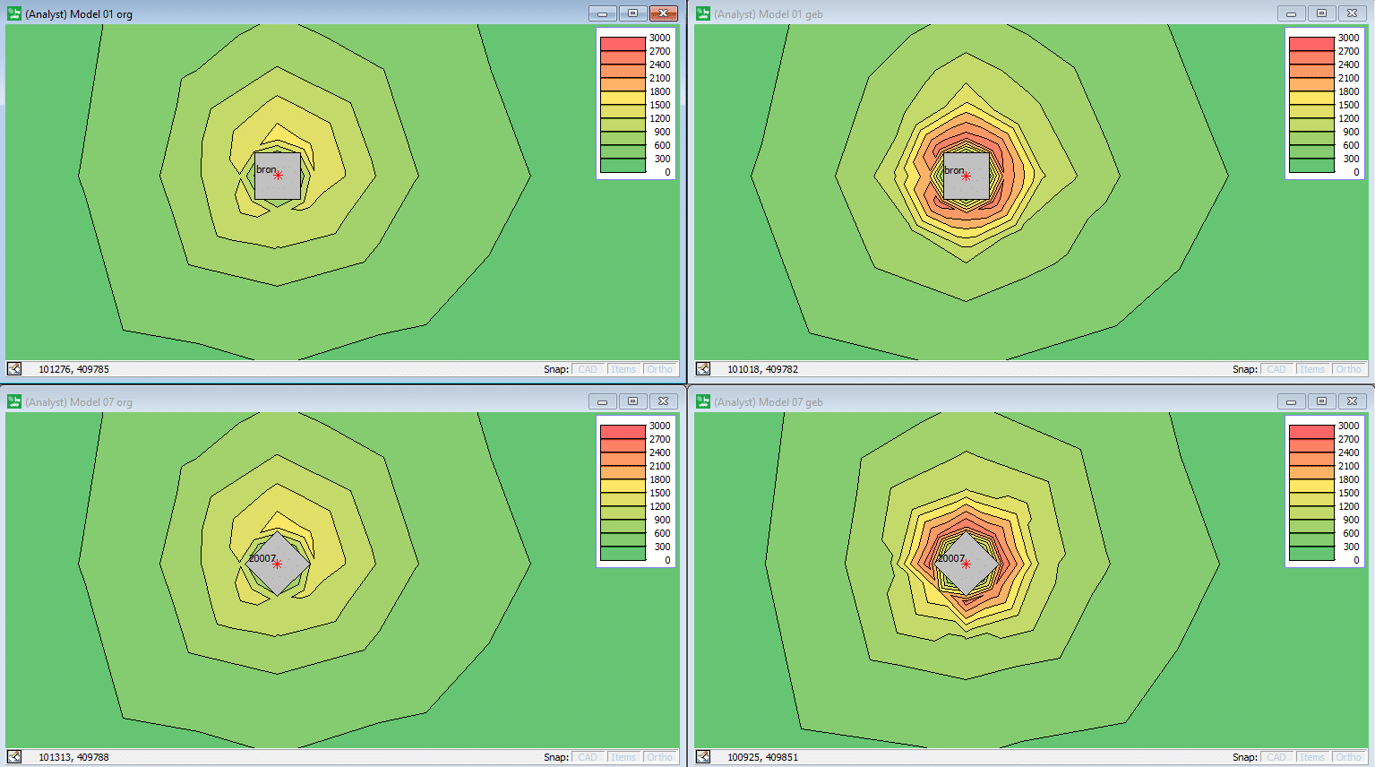 Modlel met geurverspreiding bij gebouw